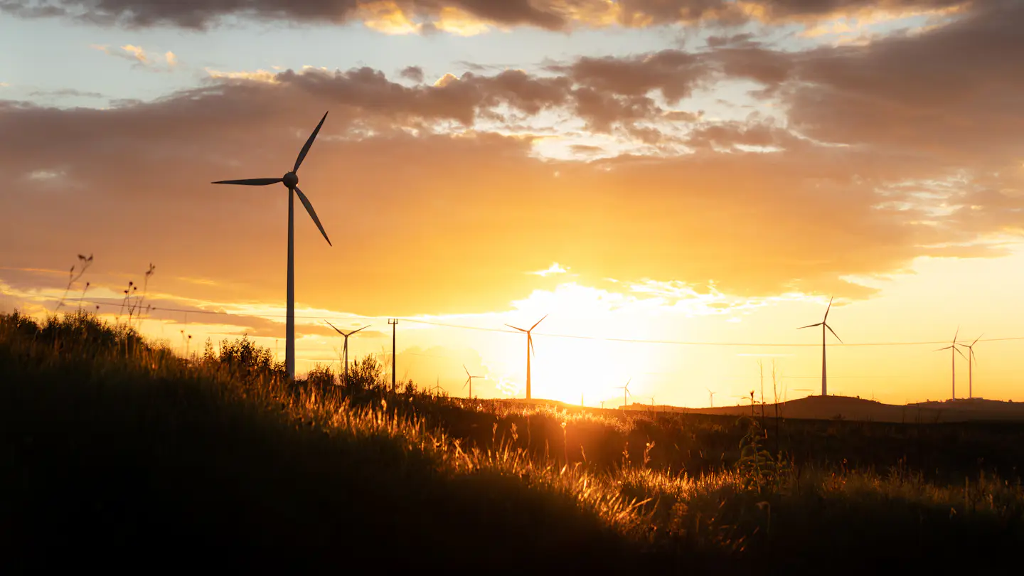 Wind turbines on a hillside at sunset